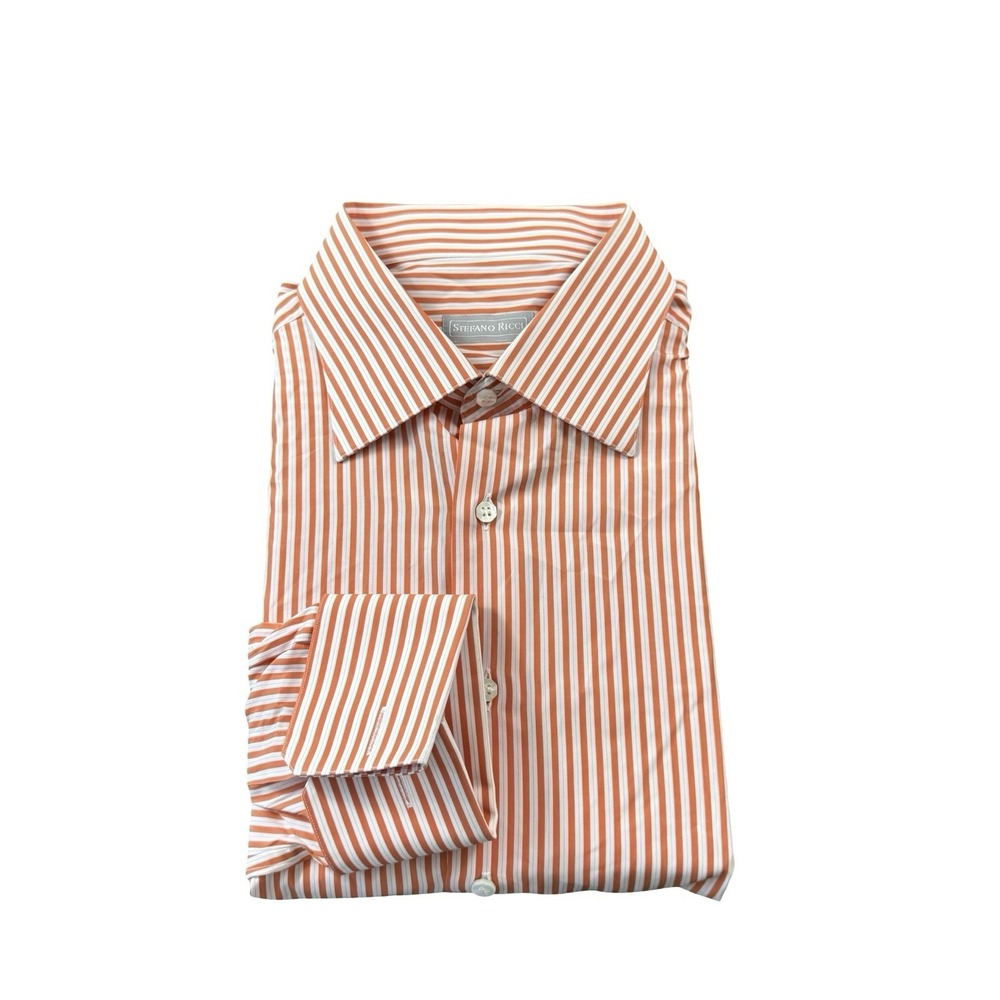 Stefano Ricci Orange White Striped Cotton L/S Button Front Size 17.5/44